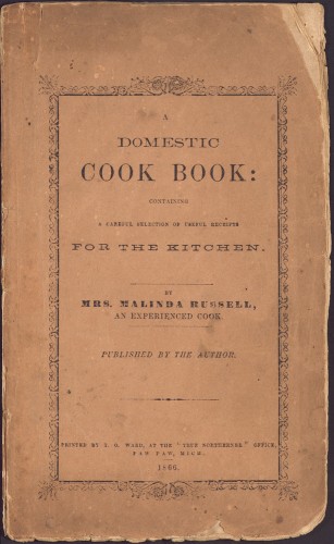 Orangey-brown book cover with black lettering. Cover of A Domestic Cook Book