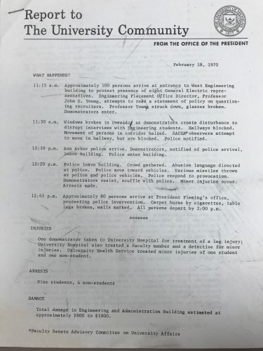 First page of Report to the University Community from the Office of the President, 1970