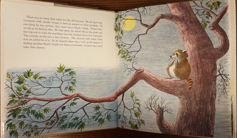 Pagespread of a raccoon sitting in a tree under a night sky
