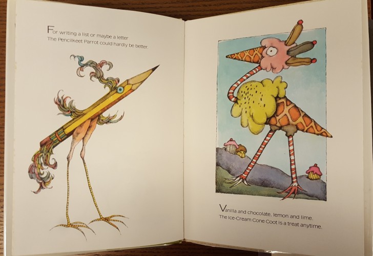 Pagespread with colorful illustrations of fanciful birds