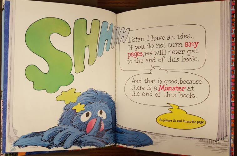 Pagespread showing Grover begging the reader not to turn the page