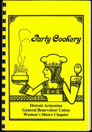 Cover of Party Cookery, showing line drawing of a woman in a chef's hat holding a spooon and a steaming dish, from the waist up