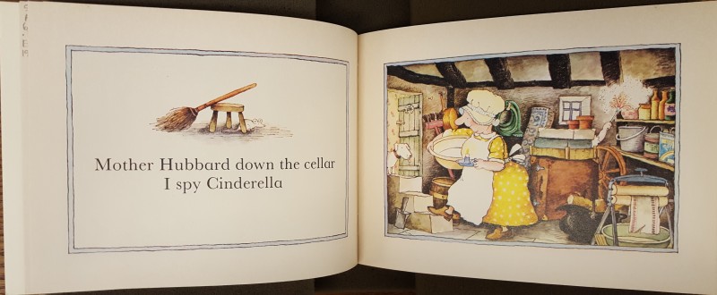 Pagespread with illustration of Mother Hubbard in a cellar, with Cinderella's hand popping out from behind a cabinet, holding a featherduster