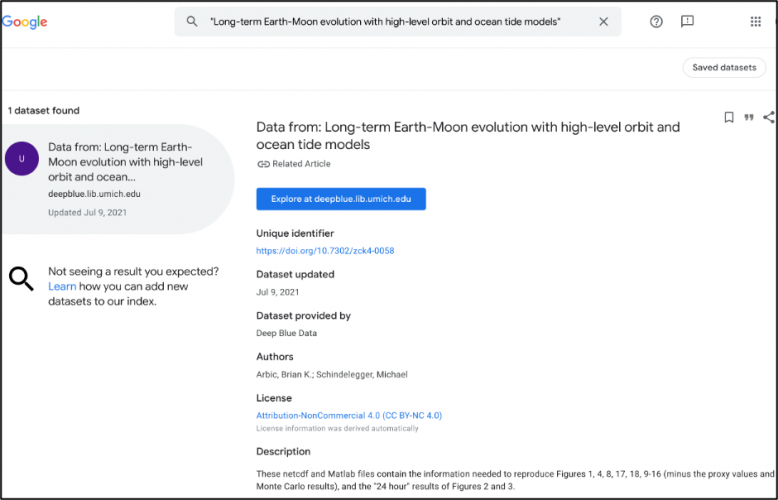 Figure 5 Screen shot of Google Dataset Search results for dataset title "Long-term Earth-Moon evolution with high-level orbit and ocean tide models"