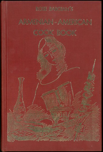 Cover of book - red with a line-drawing in gold of a woman standing before various foods on a table. 
