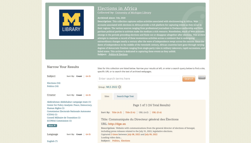Elections in Africa Archive-It portal from summer 2022