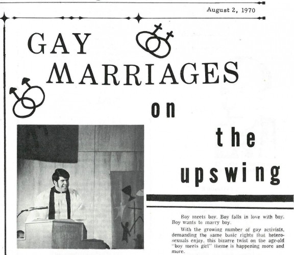 cover article: "Gay marriages on the upswing"