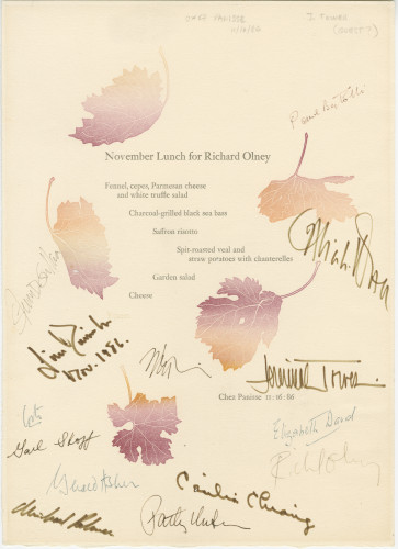 Menu with falling leaves in background, signatures of various luminaries. 