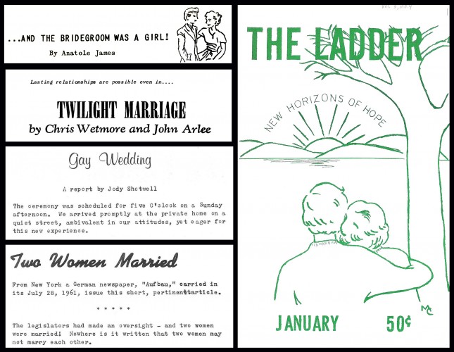 Compilation of articles referencing same sex marriages from midcentury gay and lesbian magazines
