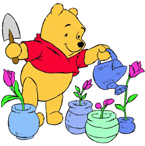 Winnie the Pooh watering flowers