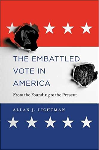 Red white and blue background like American Flag with white starts at top and bottom. Two of what appear to be burns or bullet holes through this background and title on white text, "The embattled vote in America: from founding to the present."