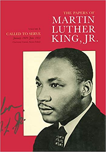 Red book cover background with a portrait photograph of Dr. Martin Luther King Jr., a Black male, in black and white. 