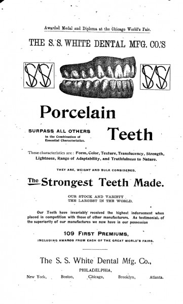 Advertisement for porcelain teeth by S.S. White Dental Manufacturing company