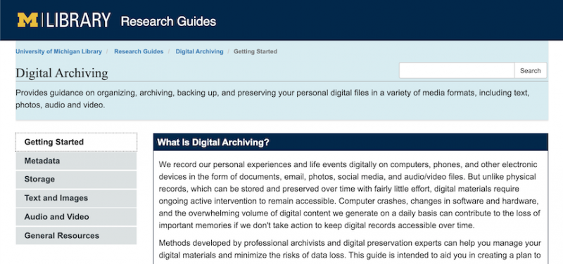 The landing page of the Digital Archiving Research Guide showing a brief introduction and content menu