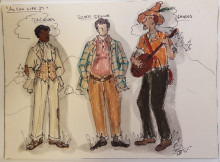Sketch depicting costume designs for three characters from As You Like It: Jacques, Duke Senior, and Amiens