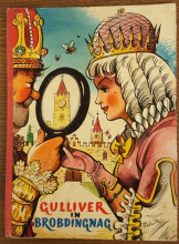 Front cover of Gulliver in Brobdingnag, showing Giant King and Queen holding a magnifying glass