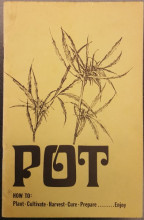 Paper wrapper with title of publication and illustration of marijuana plant in black ink