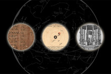 three circular views of greek manuscript text on papyrus, persian manuscript text with astronomical diagram on paper, engraved frontispiece showing European astronomers at work