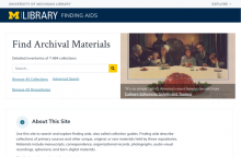 Screen capture of the home page of the new Finding Aids site with call to action text Find Archival Materials above a search box and next to a featured image of a Jell-O dessert advertisement from the Culinary Ephemera collection.