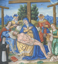Detail of miniature by Jean Coene IV, "Lamentation over the Dead Christ", in the opening of the Office of our Lady of Compassion, f. 28. Book of Hours & Psalter. Parchment manuscript, 256 folios. Paris, ca. 1505-1515.