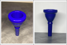 Top and side view of a blue mouthpiece used for Tuba