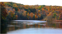 image of body of water and trees in color during the fall.  