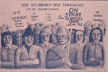 drawing of workers in coats and hats holding signs saying on strike and other messages