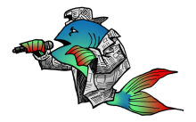A colorful fish dressed in a jacket and backwards cap made of newsprint holding a microphone and performing rap music.