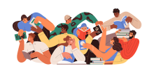 Colorful image of people holding and reading books.