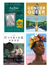 Four book covers displayed: 'Fun Home: A Family Tragicomic' by Alison Bechdel, 'Gender Queer: A Memoir' by Maia Kobabe, 'The Cooking Gene: A Journey Through African American Culinary History in the Old South' by Michael W. Twitty,and 'All Boys Aren't Blue: A Memoir" by George M. Johnson