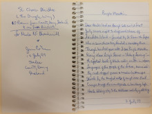 Small spiral notebook with the title of the draft work on the left: Sli Chora Dhuibhne" Jim Cohn 19 July 1999 and the text of "Purple Mountain: on the right in blue ink