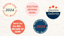 "Political" buttons in the style of Labadie Collection buttons have been prepared as a promotional material for the series, reading: "REGISTER. VOTE. Cinematic Democracy 2024"; "ELECTION REFORM NOW!"; "Question Authority" 