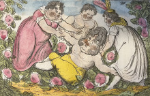 Hand-colored etching depicting King George IV as a baby in a rose garden surrounded by three ladies. 