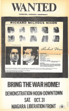 flyer in style of wanted poster featuring fingerprints and headshots of richard nixon