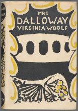 Illustrated dustjacket of the first edition of Mrs. Dalloway. Abstract yellow and white design on black. Possibly illustrating curtains and flowers on a table, but abstract enough not to be certain