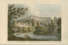 bucolic scene of a river with trees, shrubs and stately rows of houses at varying distances and caption "BATH WITH FERRY"