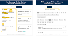 Two screenshots of the Plain Language Medical Dictionary before the updates showcasing the features of searching the dictionary by a single word or by paragraphs of text.