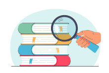 Illustration of a hand holding a magnifying glass over a stack of four colorful books with bookmarks.