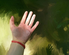A painterly illustration of a hand catching rays of sunlight in a forest.