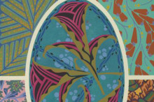 floral vegetal designs in bold layered colors arranged in geometric borders