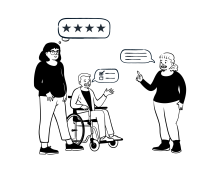 Illustration of three people with thought or speech bubbles representing their survey feedback