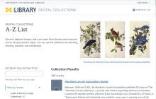 Screen capture of digital collections A to Z list, showing a search box and filters.