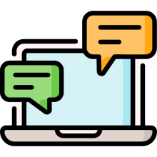 Icon of an open laptop with two, differently colored chat bubbles floating from the screen.