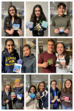 A collage of students holding their artwork made at the Sip and Paint event.