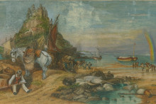 colorful painted landscape scene with beach, boats and cargo at water's edge, boats, and rainbow over the sea