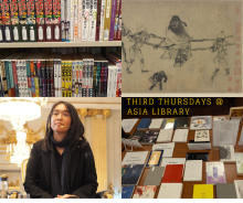 A collage of four images, including three event posters and a picture of book display, with the caption that reads "Third Thursday @ Asia Library" 