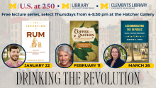 Slide depicting three books on rum, Coffee, and Taverns, with small inset headshots of authors, and a series title "Drinking the Revolution" along the bottom