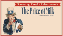 Bearded and top-hatted Uncle Sam figure pointing at the viewer next to event title "The Price of Milk" 