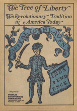 pamphlet cover featuring a hand drawn man in 18th century costume holding a sword in one hand and a banner with the word Independence in the other hand. Above his head is a banner that says "Appeal to Heaven." 