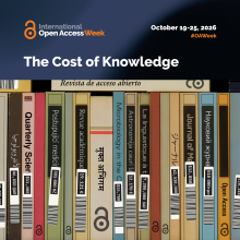 International Open Access Week poster, October 19–25, 2026, titled “The Cost of Knowledge.” Below, multilingual scholarly journals display barcode-style price labels in various currencies, emphasizing the high cost of accessing research.